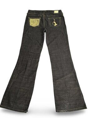 Vtg Baby Phat Y2K Flare Jeans Sz 15 Black Wash Metallic Gold Sequins Cat 35x32